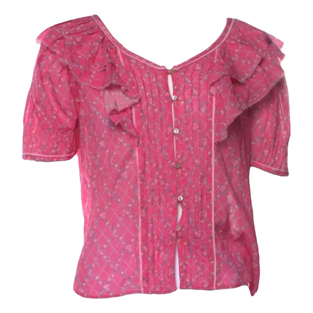 LoveShackFancy Pink Floral Print Ruffled Blouse